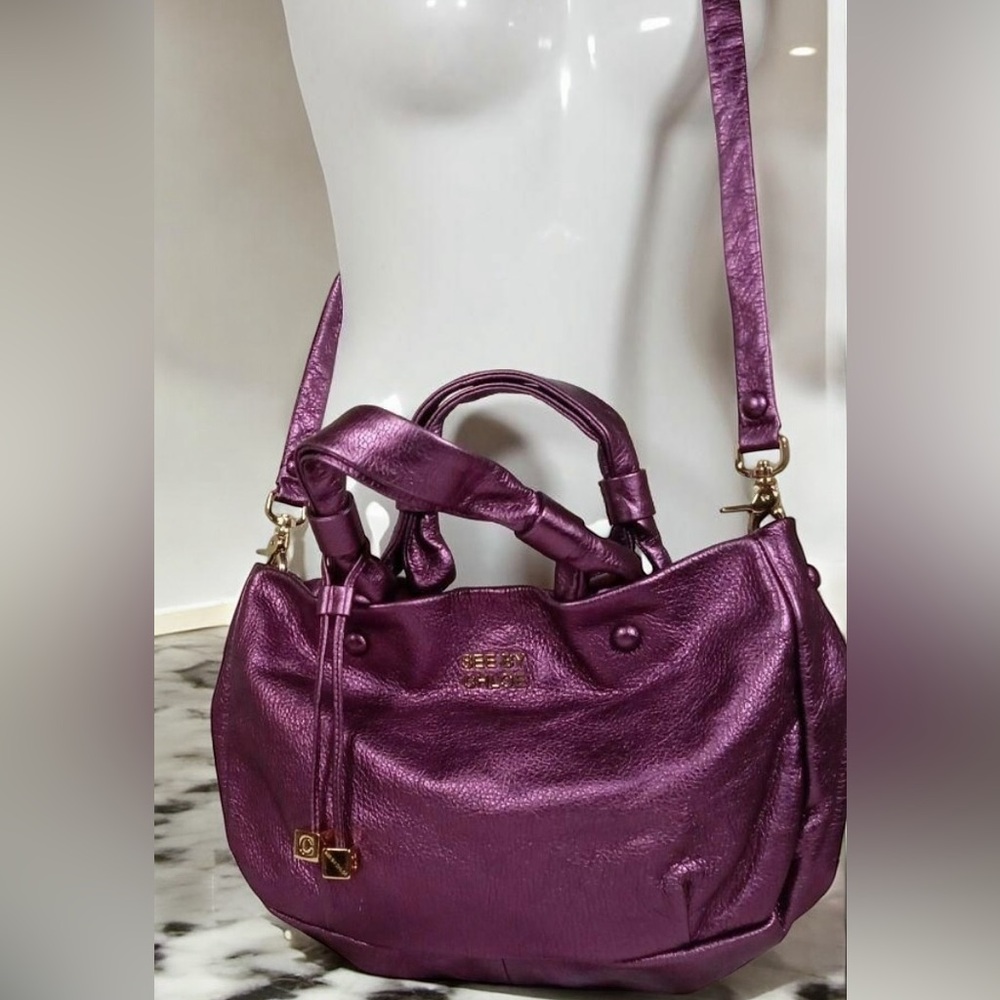 EUC SEE BY CHLOE 2 Way Tote Shoulder Bag METALLIC PLUM PURPLE LEATHER STUNNING